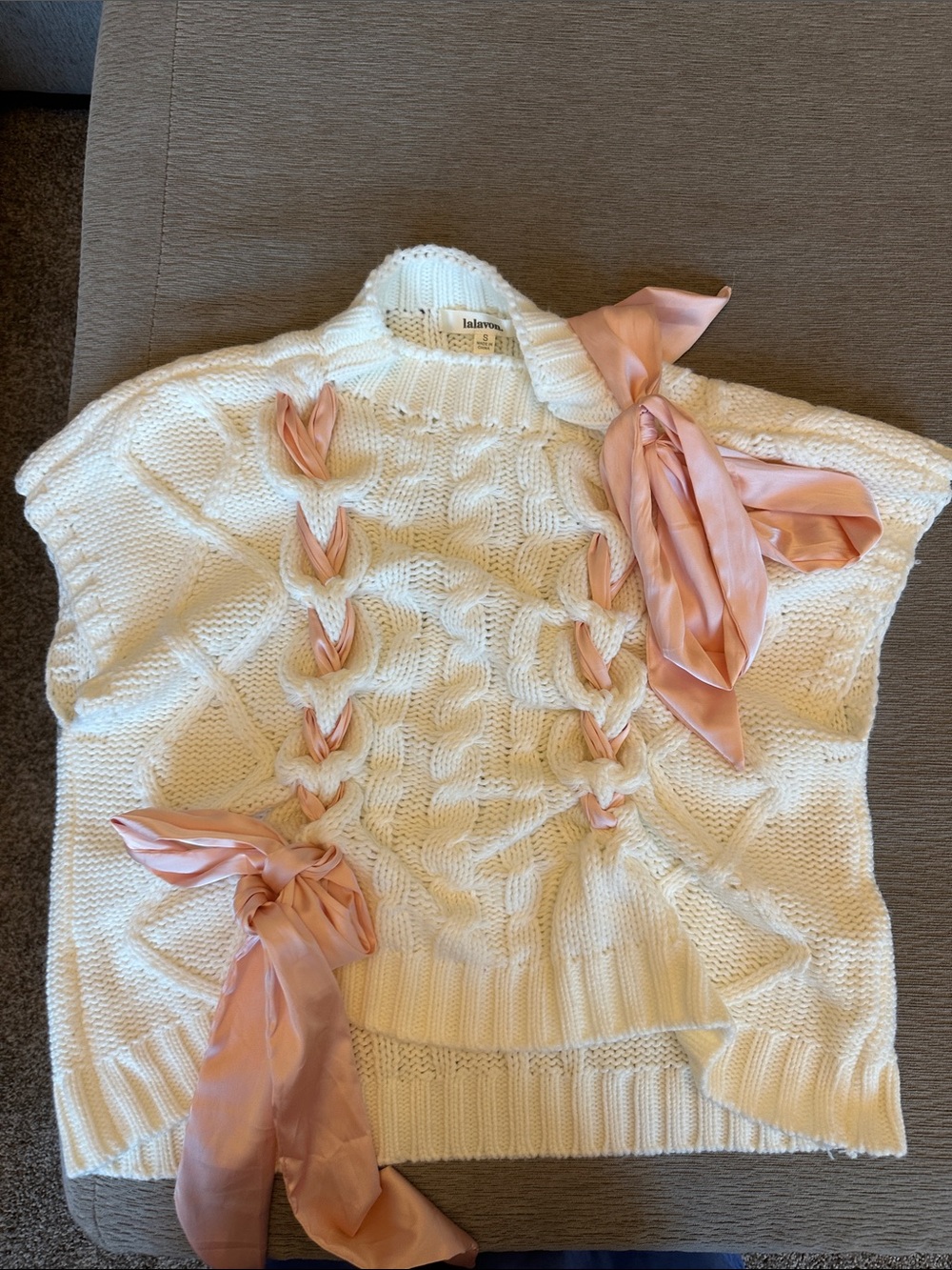 Lalawow Cream Cable Knit Turtleneck Sweater with Pink Ribbon Detail